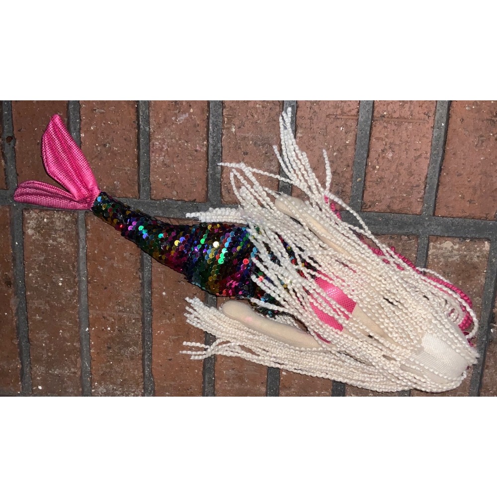 Plush Mermaid Doll Rainbow Flip Sequin Tail White Yarn Hair Pink Glitter Crown - Picture 4 of 4